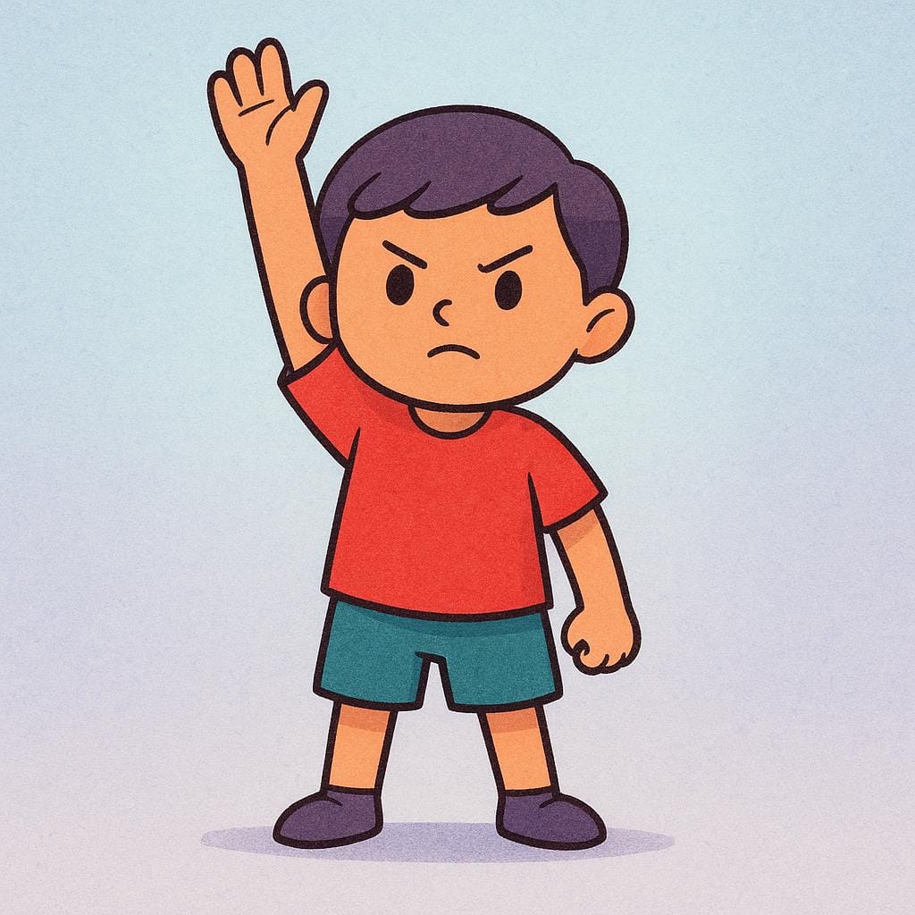 A single stylized character standing firmly with one hand raised high in a clear, assertive gesture of objection or disagreement.