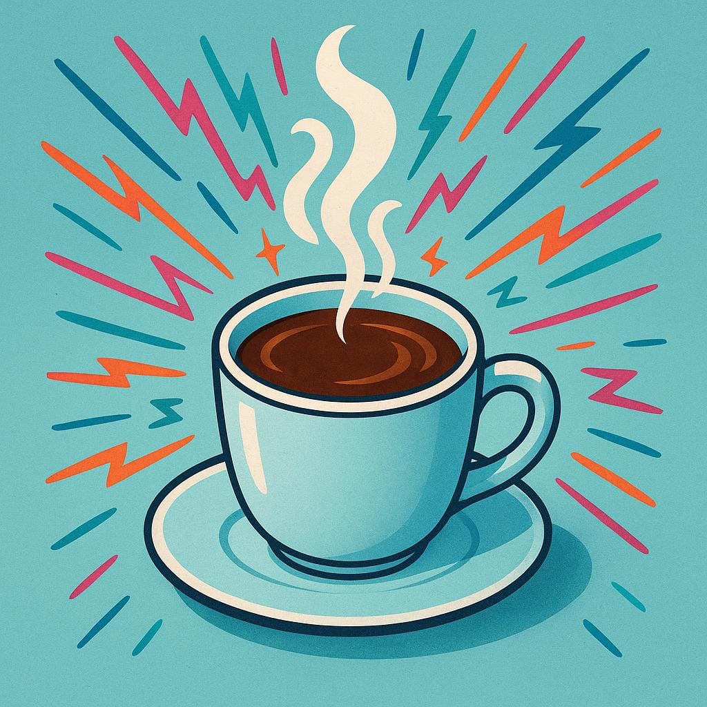 Un'illustrazione colorata di una tazza fumante piena di caffè, che emette linee di energia gialle e arancioni stilizzate e vibranti che si irradiano verso l'alto, a simboleggiare il suo effetto stimolante.