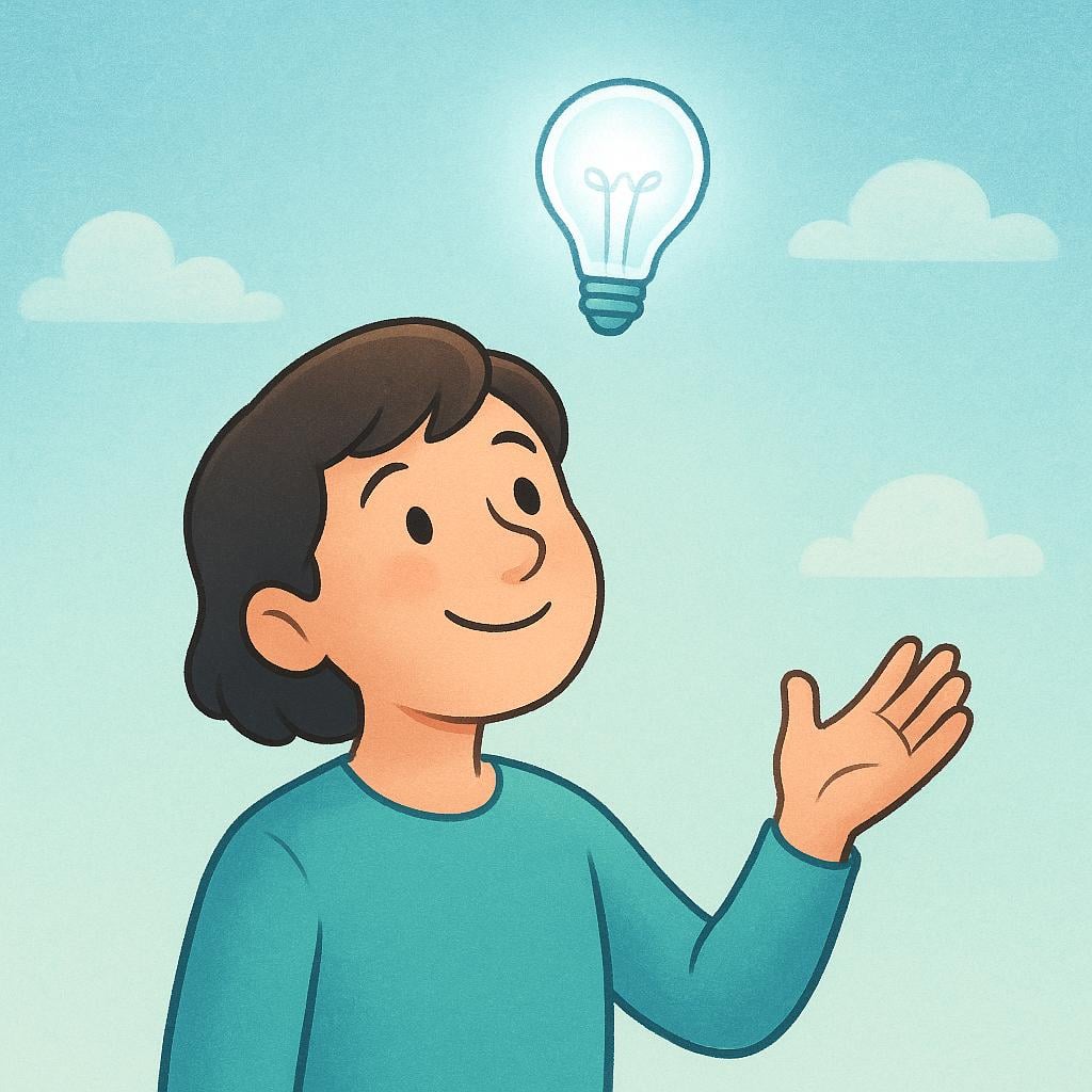 A simple illustration of a person smiling and looking up, with a brightly glowing lightbulb floating above their head, symbolizing a new idea being received.