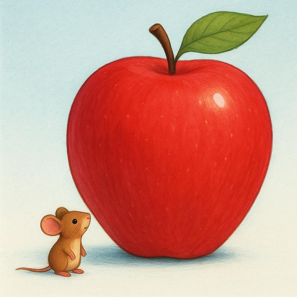 A storybook illustration showing a tiny brown mouse standing dwarfed by an extremely large, bright red apple.
