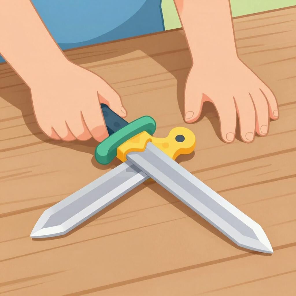 A person setting a small wooden sword down on a table to show they are no longer fighting.