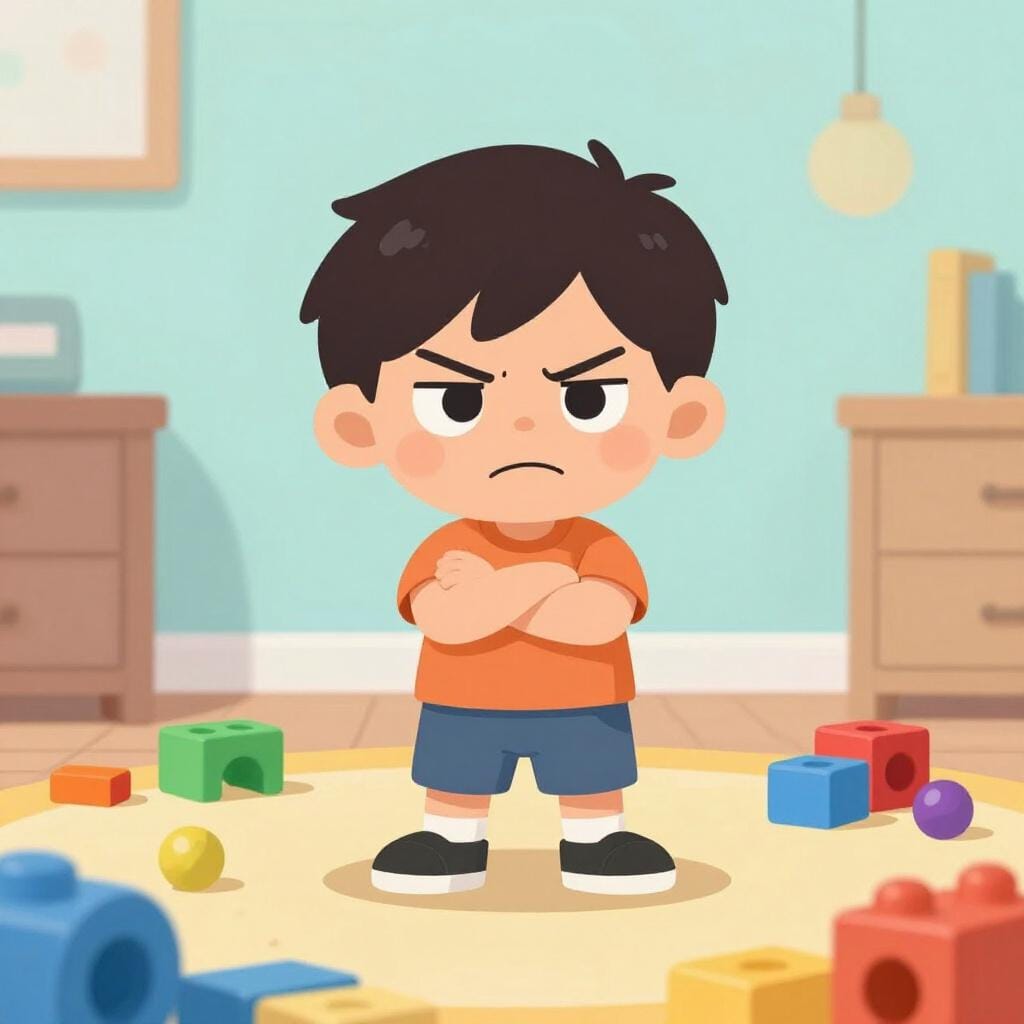 A grumpy child with crossed arms standing in a messy room with toys scattered everywhere.