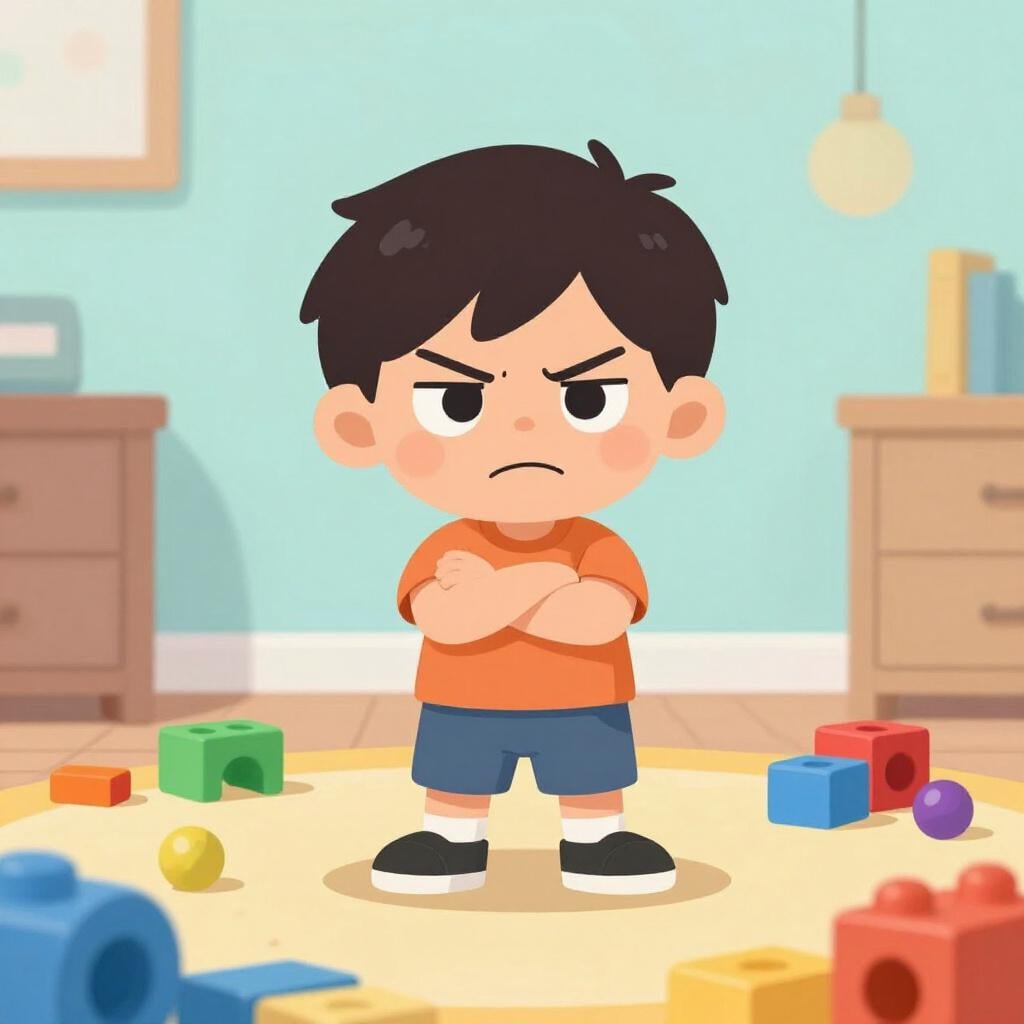 A grumpy child with crossed arms standing in a messy room with toys scattered everywhere.