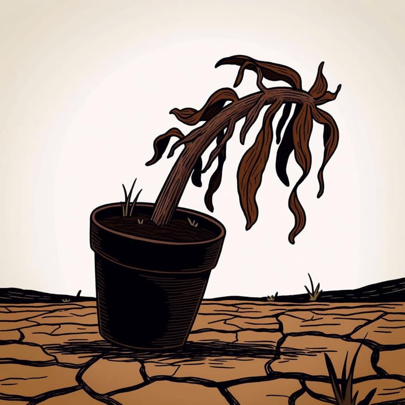 A close-up of a dry, brown, withered plant in a pot, illustrating the end of life due to lack of water.