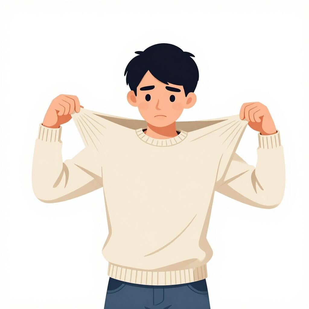 A person trying to pull on a sweater that is clearly several sizes too small.
