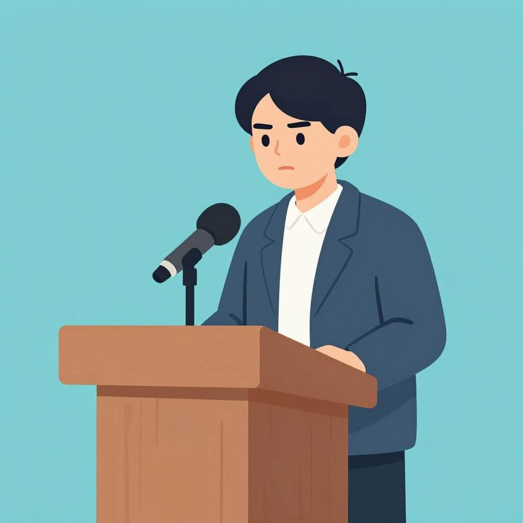A person standing behind a wooden podium speaking into a microphone, representing a formal statement.