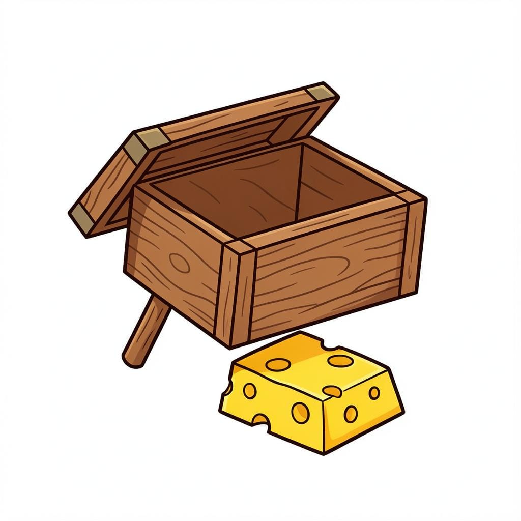 A wooden box propped up by a stick with a piece of cheese underneath it.