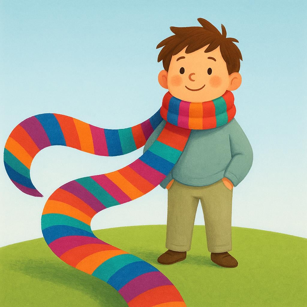 A character wearing a long, brightly colored scarf with stripes wrapped around their neck.