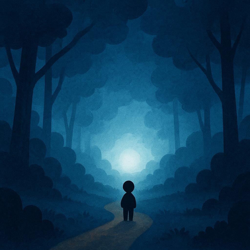 A small figure stands on a dirt path in a dark forest, gazing intently at a glowing, unexplained light source partially hidden within dense blue fog, conveying a sense of mystery.