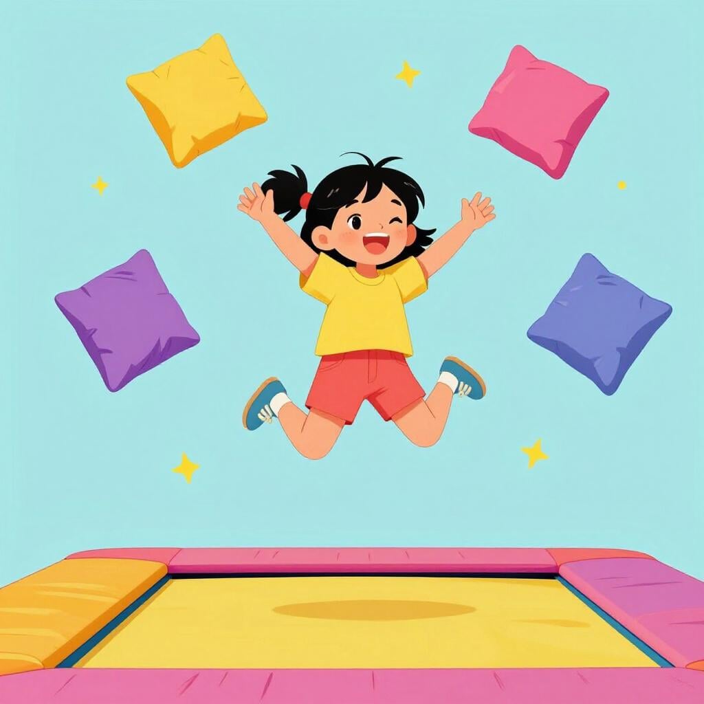 A young girl with messy hair jumping on a bed with pillows flying everywhere.