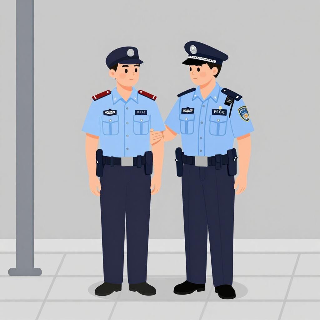 Un agente di polizia in uniforme tiene delicatamente il polso di un civile che sta fermo, indicando che è trattenuto legalmente.