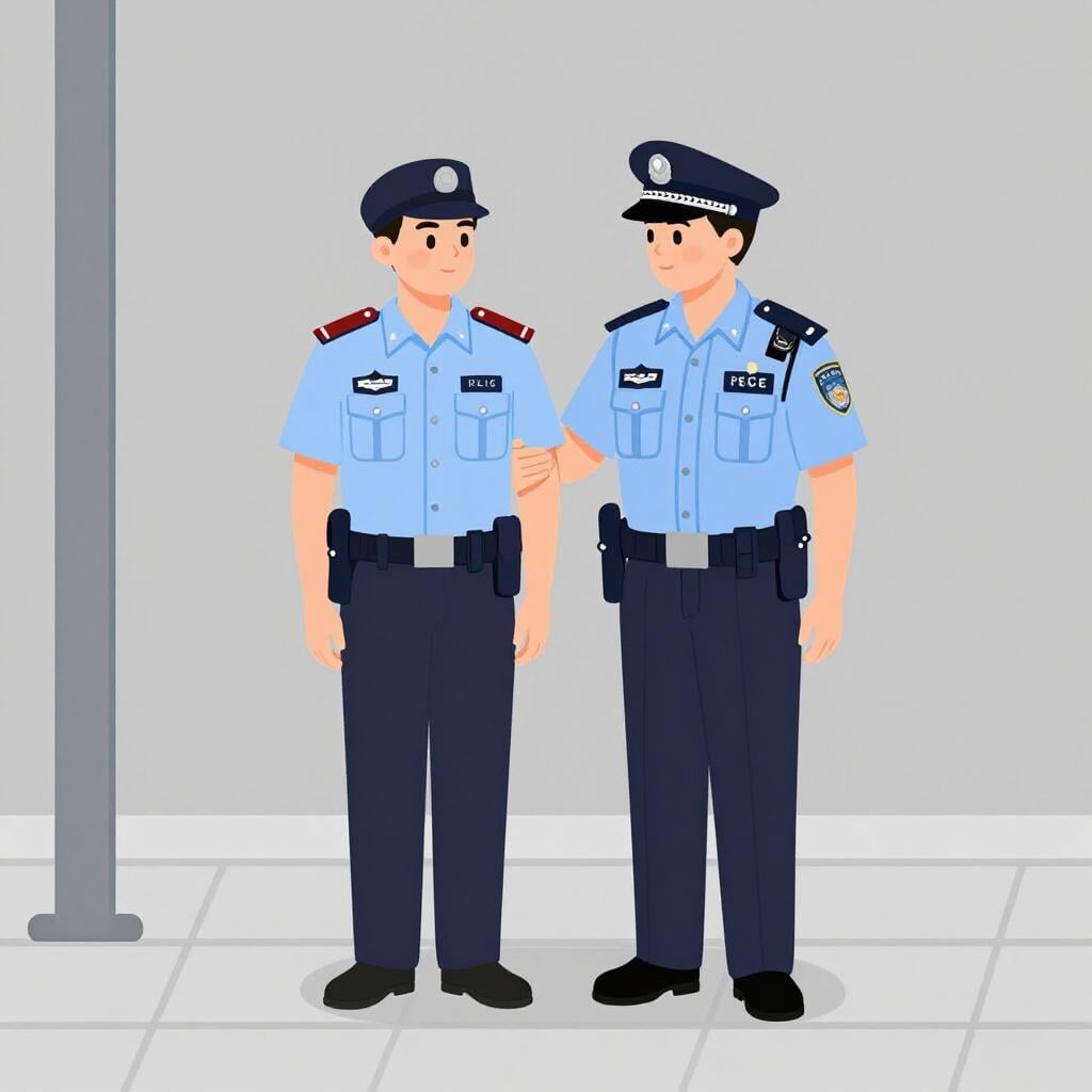 A uniformed police officer is gently holding the wrist of a civilian who is standing still, indicating they are being legally held.