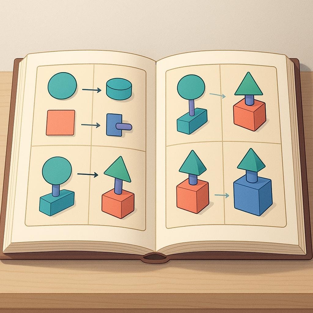 A thick, open instruction book displaying simple, colorful, step-by-step diagrams without any accompanying text.