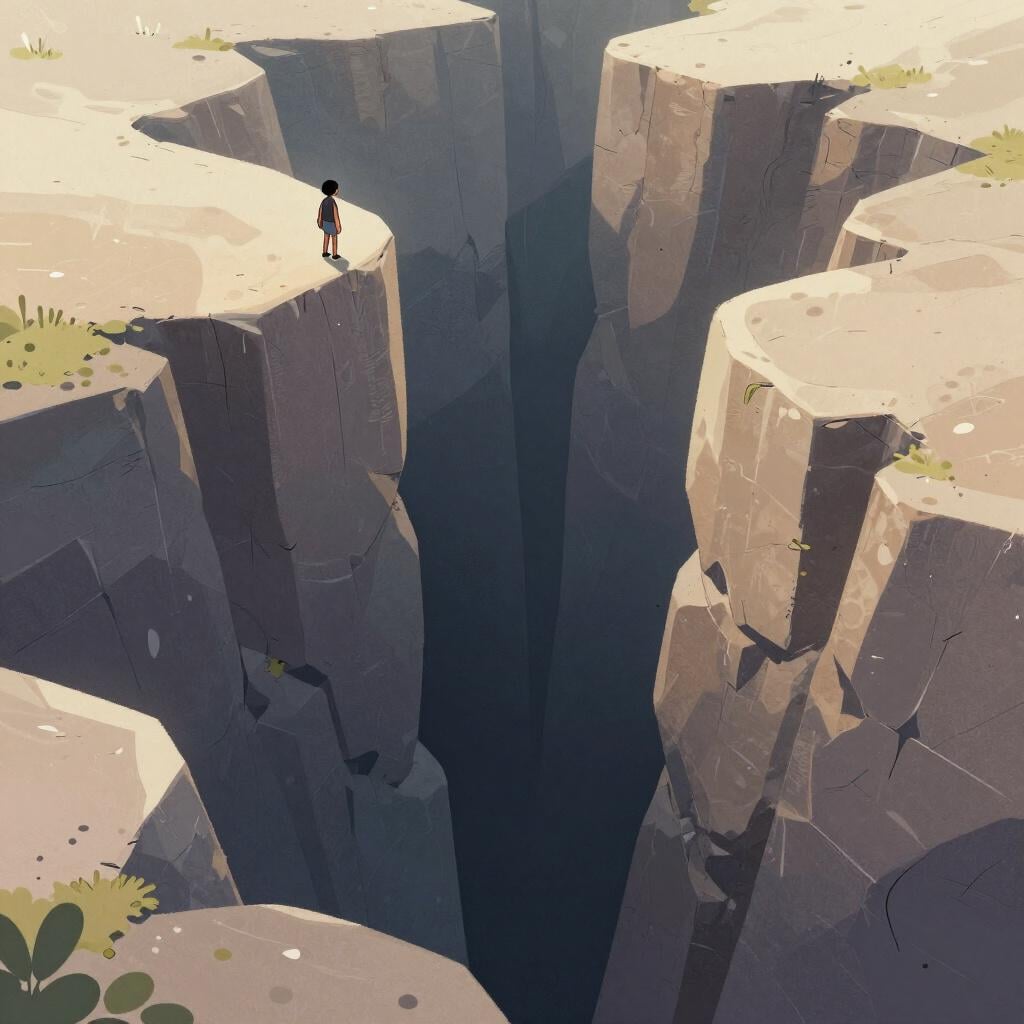 A tiny figure standing on the edge of a massive, deep stone chasm reaching into darkness.