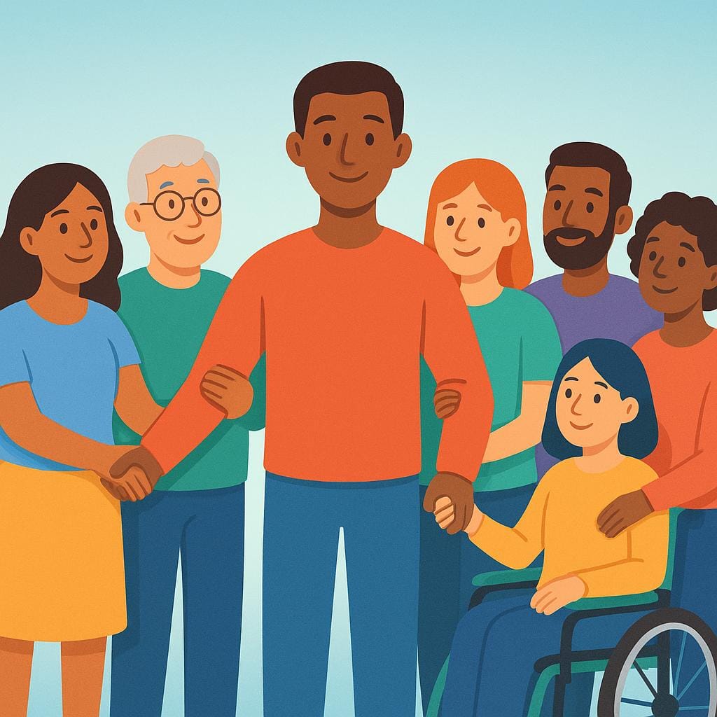 Une figure centrale se tenant entourée d'un groupe de personnes souriantes et solidaires, bras dessus, bras dessous, montrant l'appartenance.