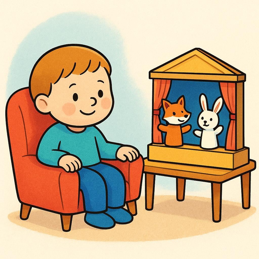 A single smiling character sitting comfortably in a chair, watching a tiny puppet show being performed on a miniature stage.