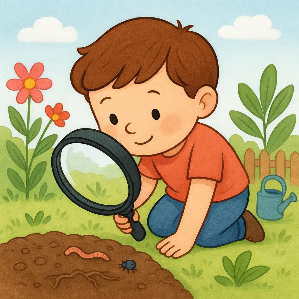A child kneeling in a grassy field, using a magnifying glass to closely examine the ground, indicating a search.