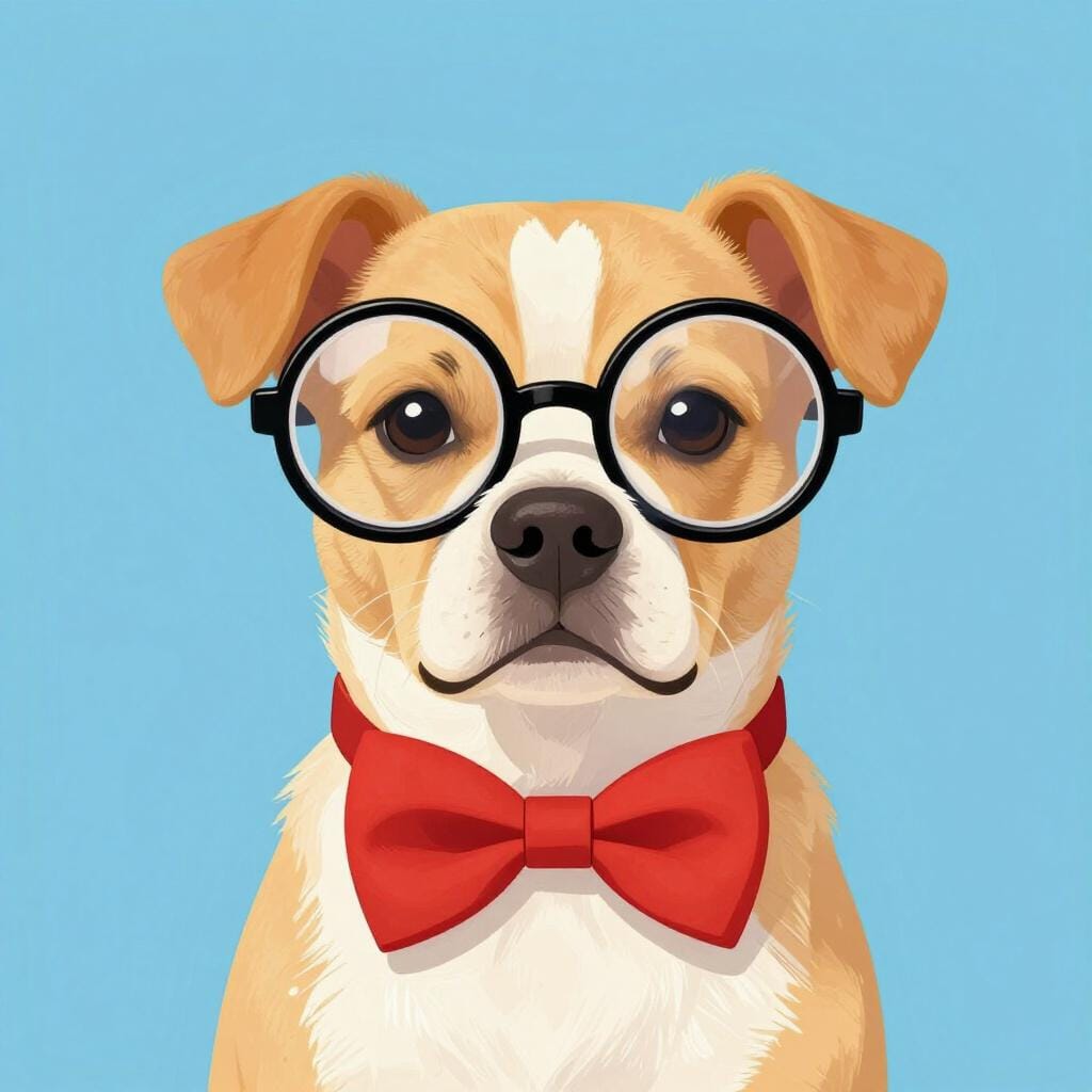 A silly dog wearing oversized glasses and a polka dot bowtie sitting at a tiny desk.