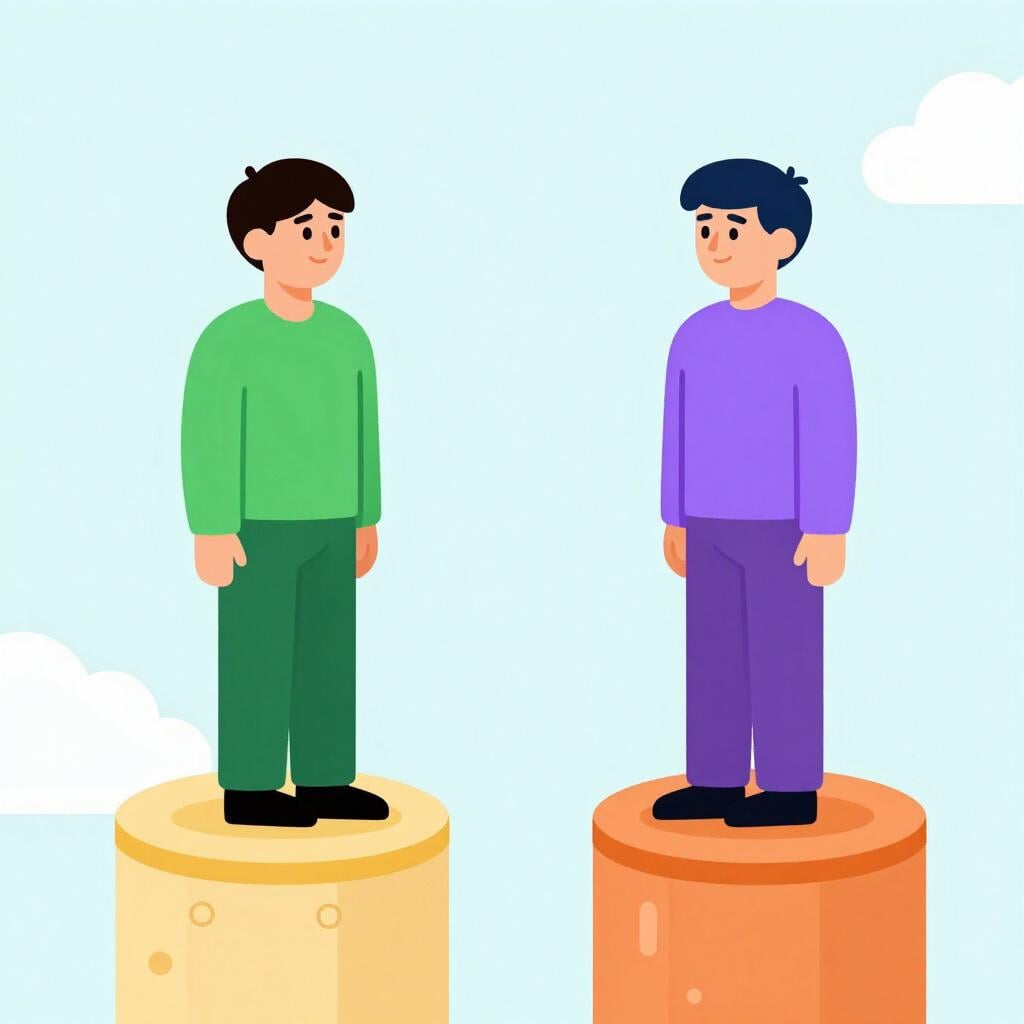 Two people standing on opposite sides of a podium, each holding a different colored sign.