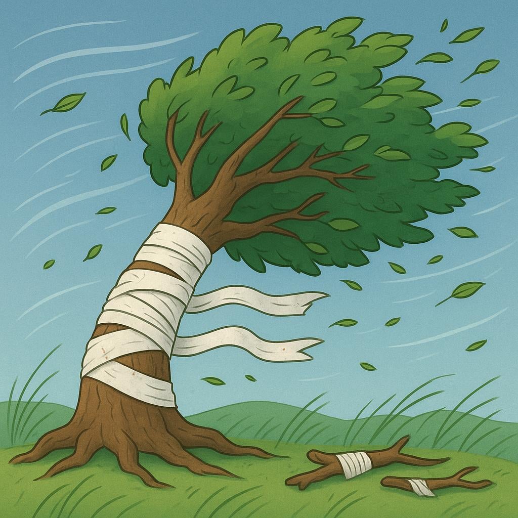 A sturdy oak tree leaning dramatically, its trunk wrapped with several thick white medical bandages, suggesting severe damage and intensive repair.