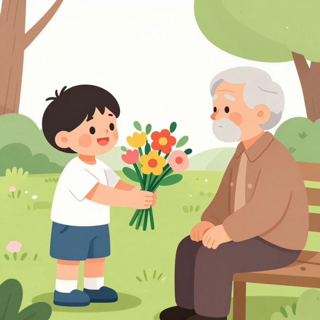 A child handing a beautiful bouquet of flowers to an elderly person in a garden.