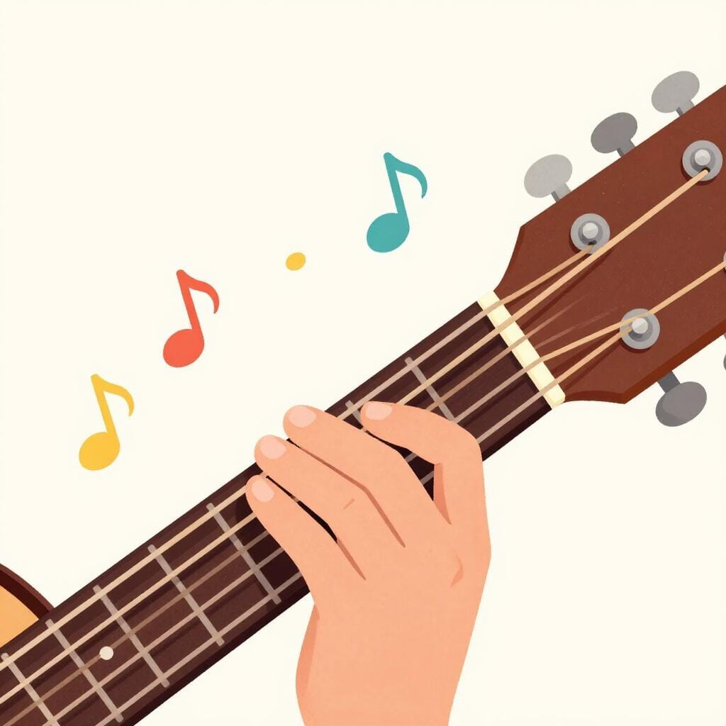 Een akoestische gitaar van hout met een hand die snaren op de toets indrukt om een muzikale akkoord te spelen.