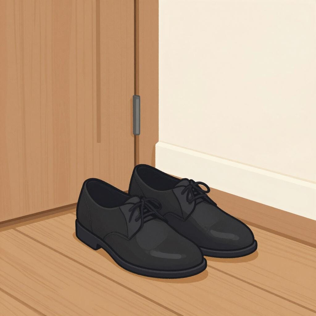 A pair of empty, polished shoes sitting alone by a doorway.