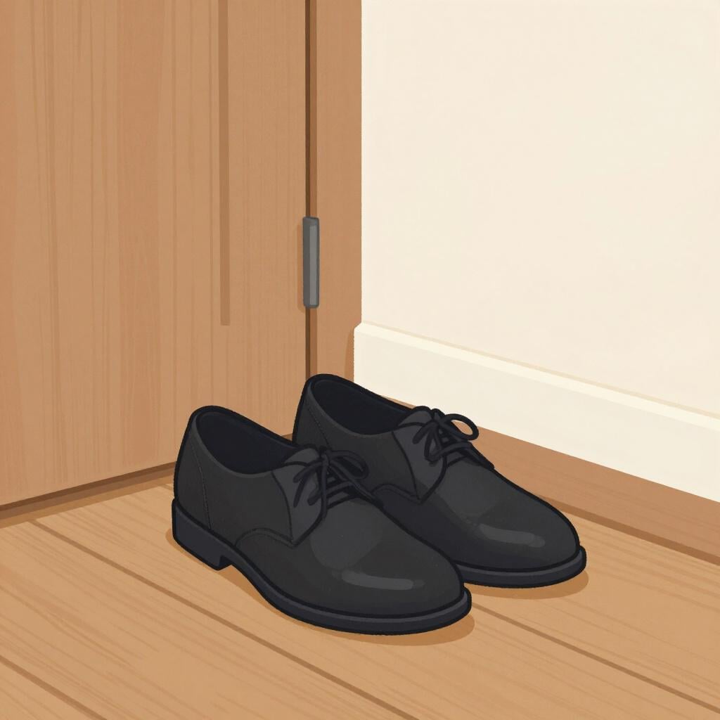 A pair of empty, polished shoes sitting alone by a doorway.