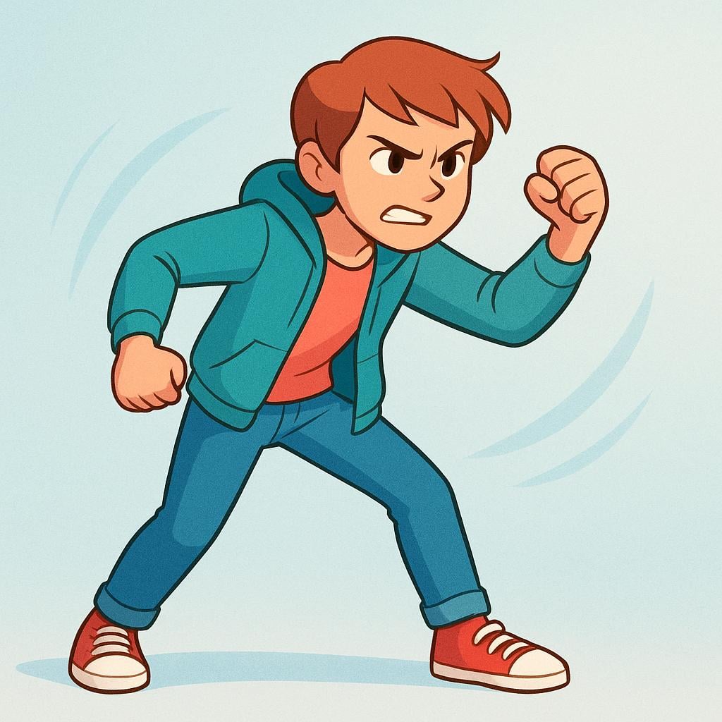 A single stylized young person with a determined, aggressive expression, actively leaning forward with a raised fist, depicting the action of fighting.