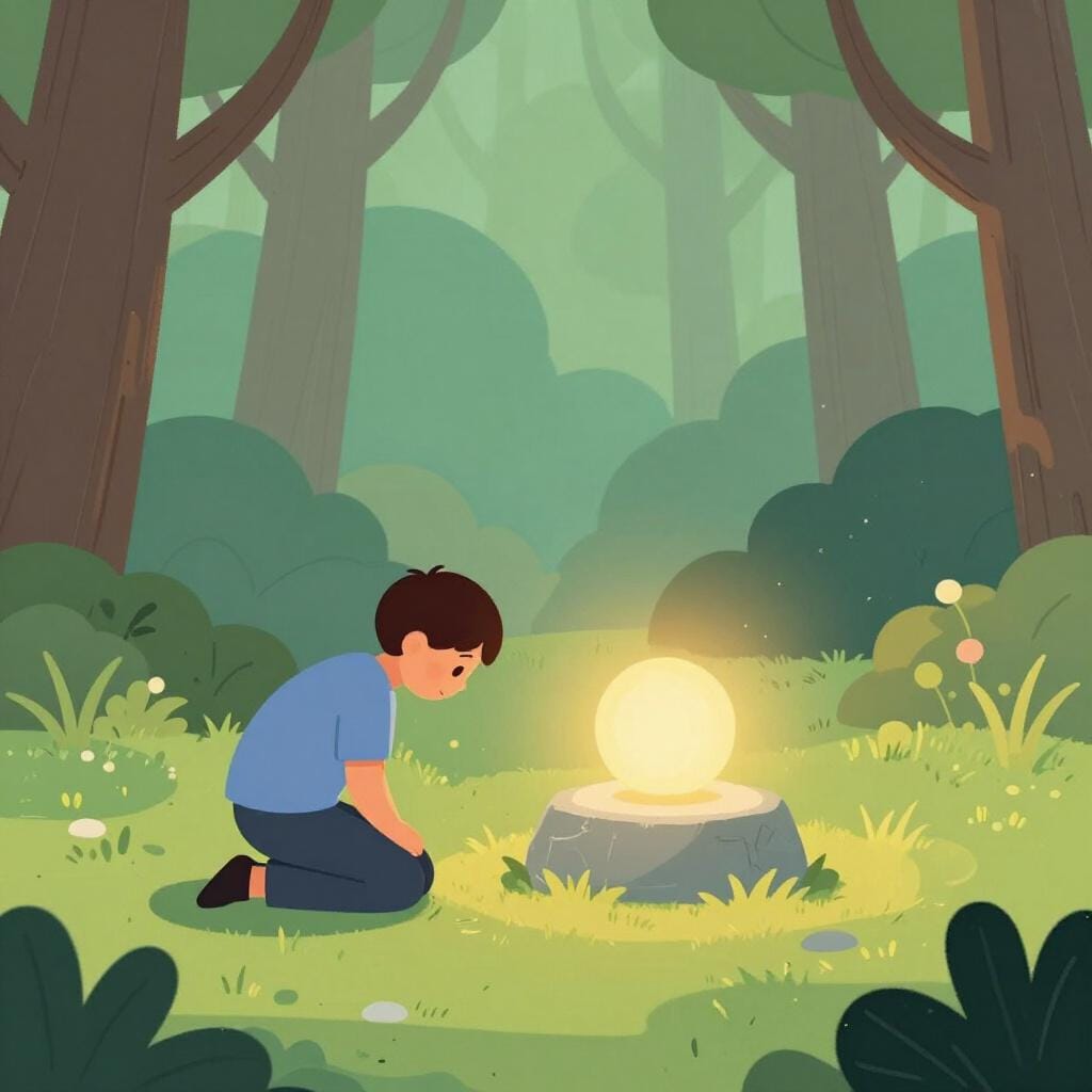 A person kneeling in a respectful bow before a glowing ancient stone pedestal in a peaceful forest grove.