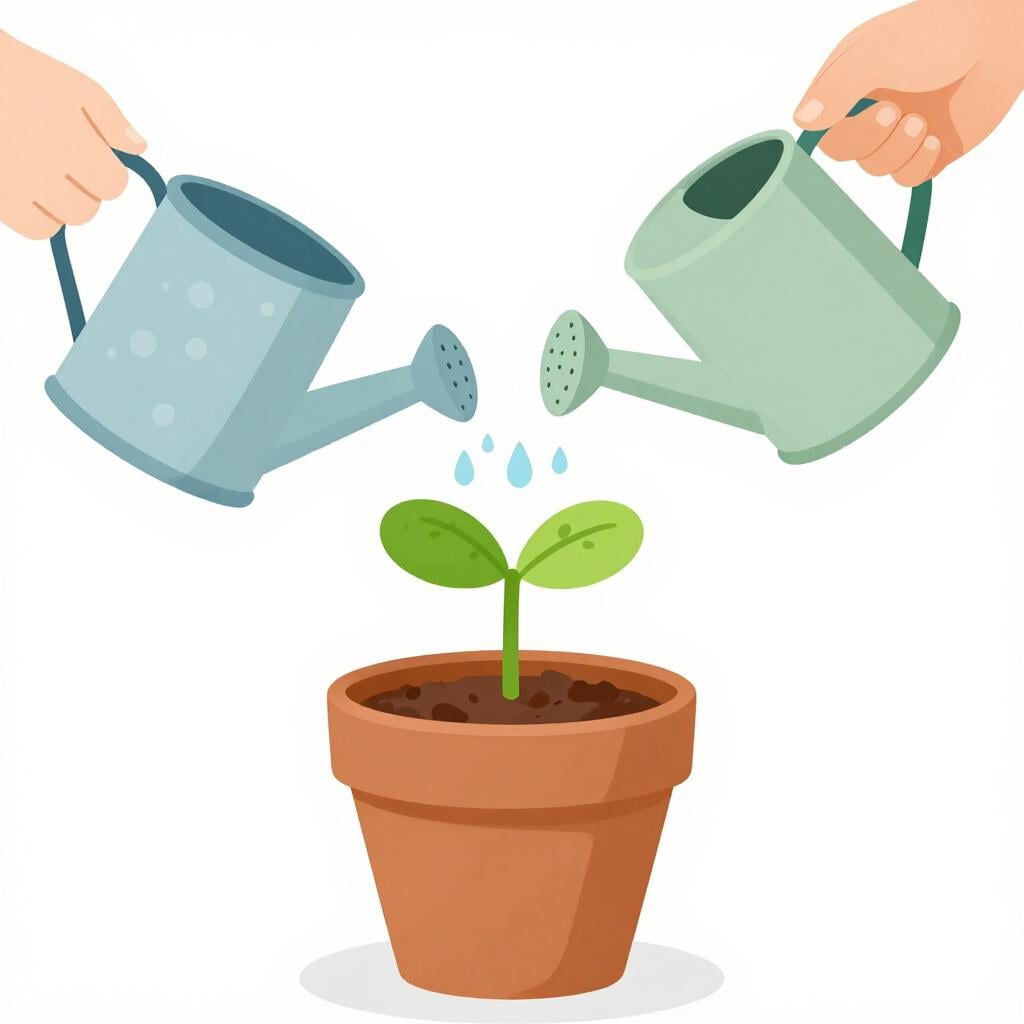 A small sprout in a pot needing water from a watering can to grow.