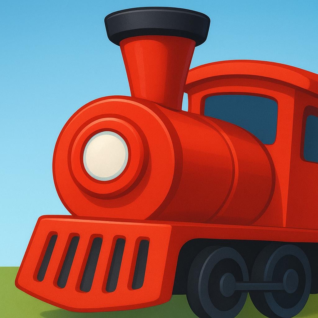 A close-up view of the front section of a bright red toy train engine, highlighting the nose and smokestack.