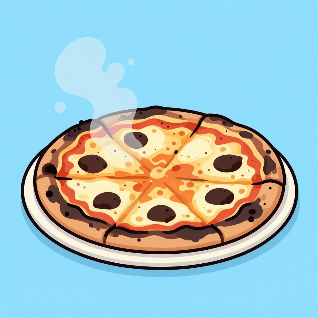 A burnt, black pizza on a plain white plate with small wisps of smoke rising.