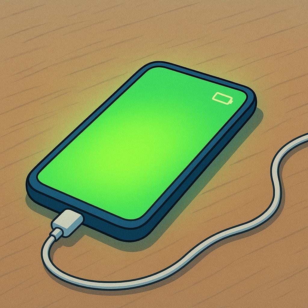 A brightly glowing smartphone plugged into a charger, illustrating a fully charged battery.