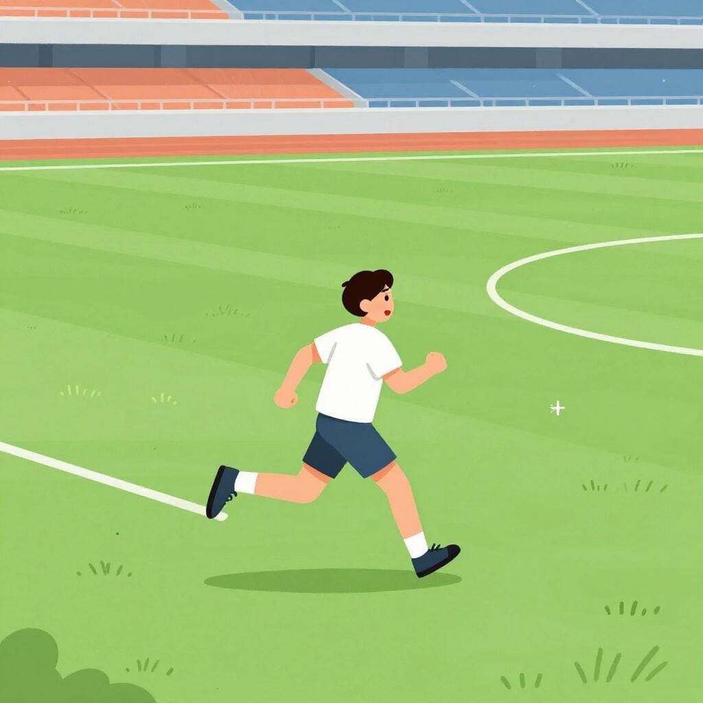 A person running across a green soccer field while players look on in surprise.