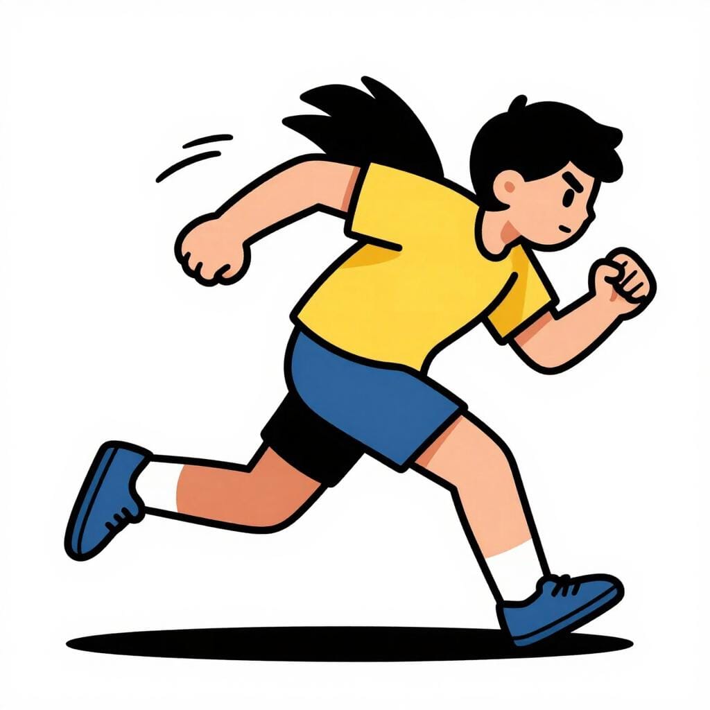 A person running very fast with their hair blowing back, leaning forward in a hurry.