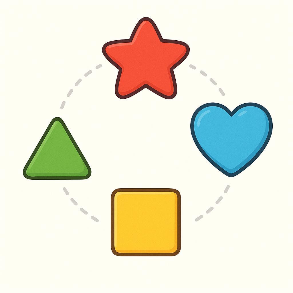 Four distinct, colorful geometric shapes (a red star, a blue heart, a yellow square, and a green triangle) arranged in a perfect closed circle, symbolizing a complete cycle or sequence.
