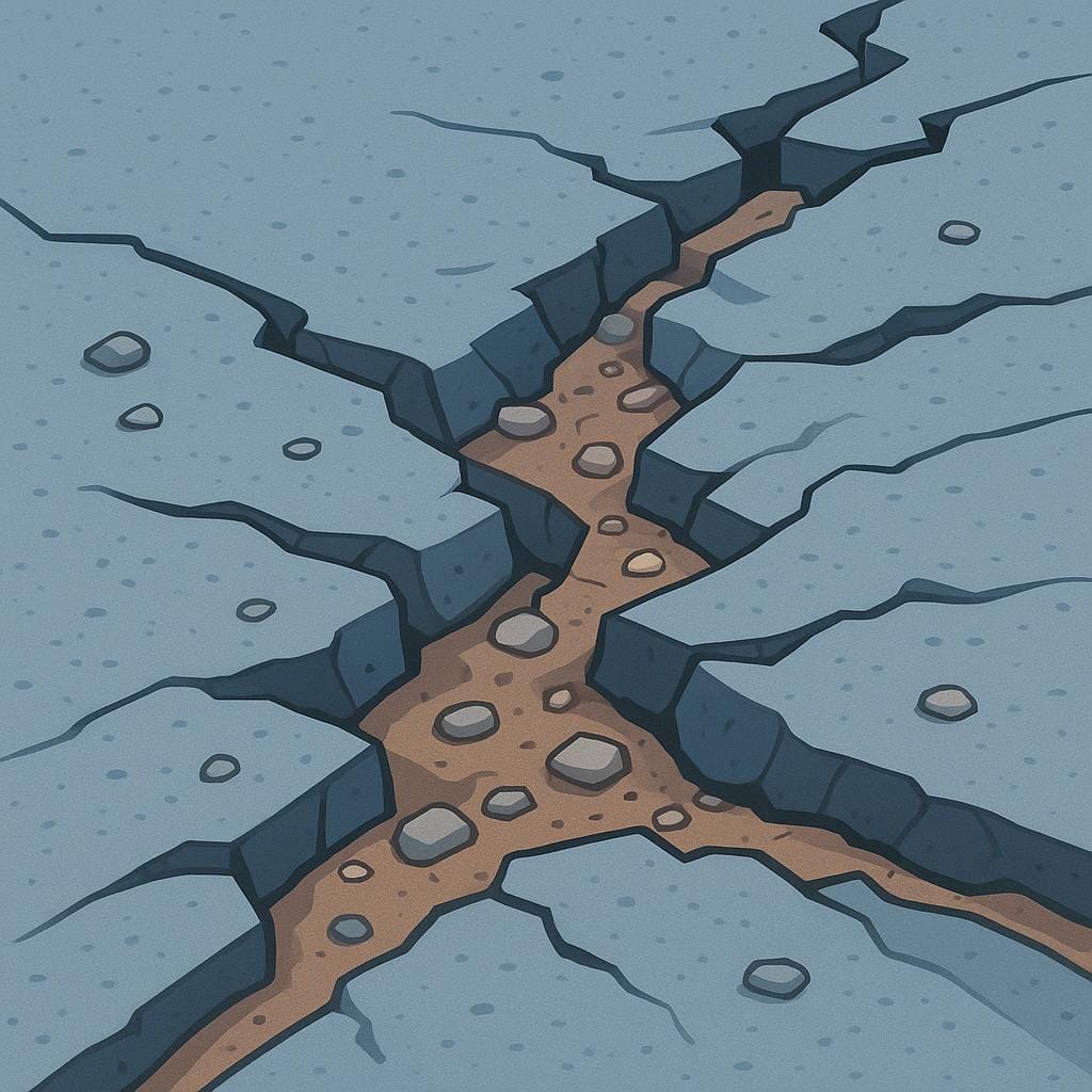 舗装された道路のクローズアップの絵本風イラストで、表面に深く、広く、ギザギザの亀裂が何本も走っており、深刻な構造的問題を示唆している。