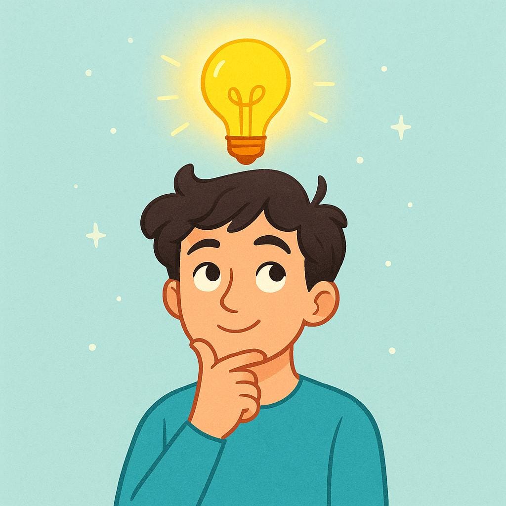 A person with a thoughtful expression touching their chin while looking at a glowing lightbulb.