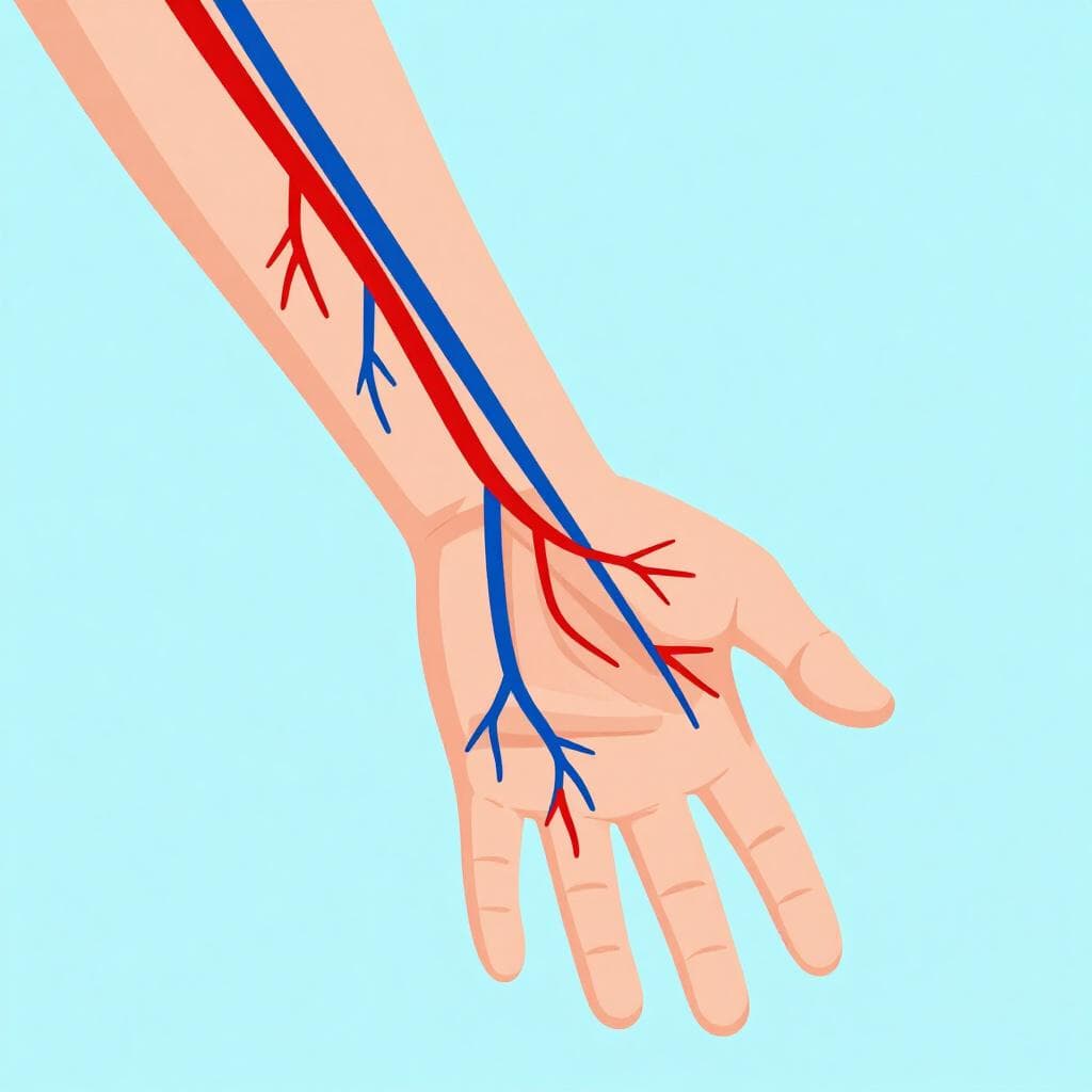 Une illustration en gros plan de vaisseaux sanguins bleus et rouges visibles sous la peau d'un bras humain.