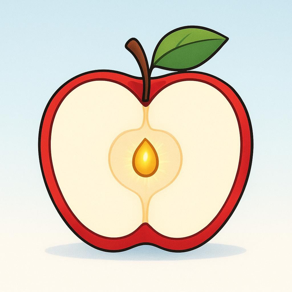 A stylized illustration of a solid red apple sliced in half, revealing a single, bright, glowing golden seed at its center, symbolizing essence.