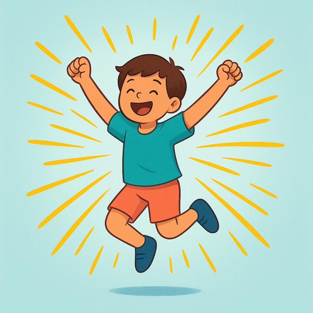 Une illustration vibrante d'une personne sautant avec enthousiasme en l'air avec les bras levés, rayonnant une énergie jaune et orange vif, symbolisant une attitude positive ou un esprit.