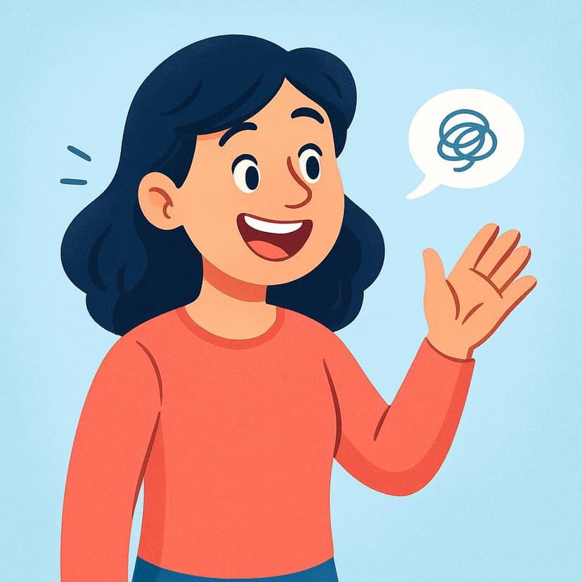 A cheerful person speaking animatedly and gesturing playfully, indicating they are telling a joke.