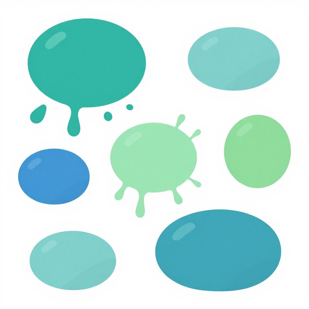 A collection of paint swatches and objects in matching shades of blue and green arranged neatly.