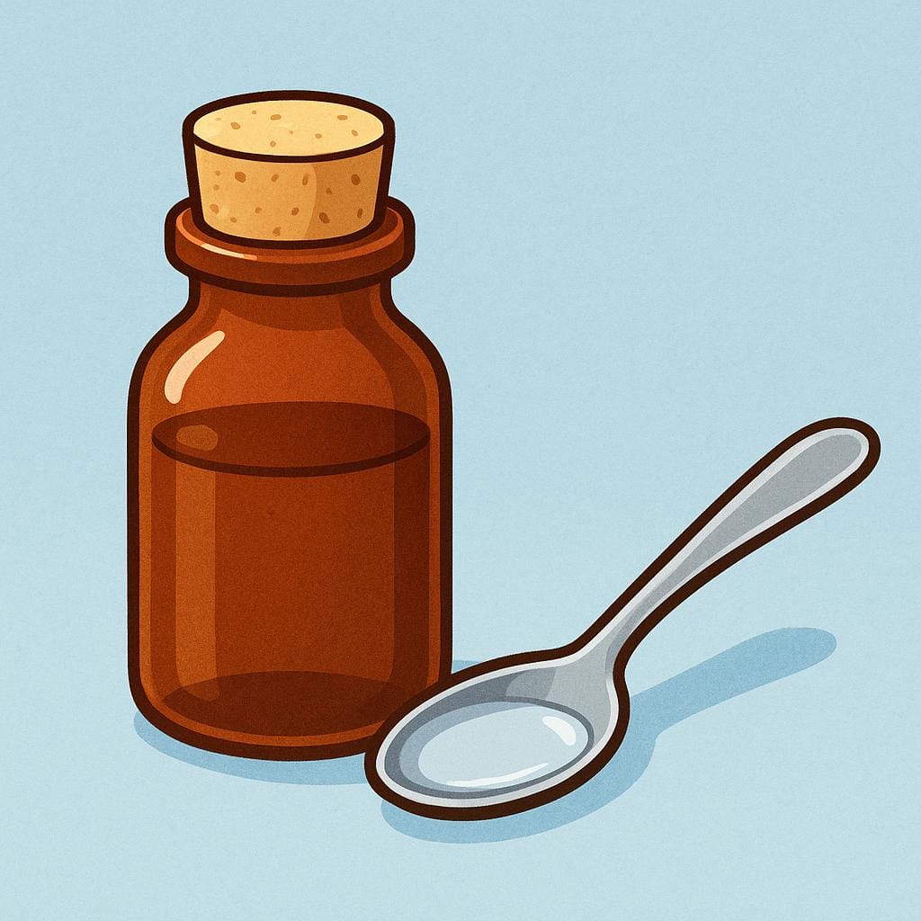 A simple brown medicine bottle with a cork stopper, standing next to a small silver spoon containing a dose of clear liquid.