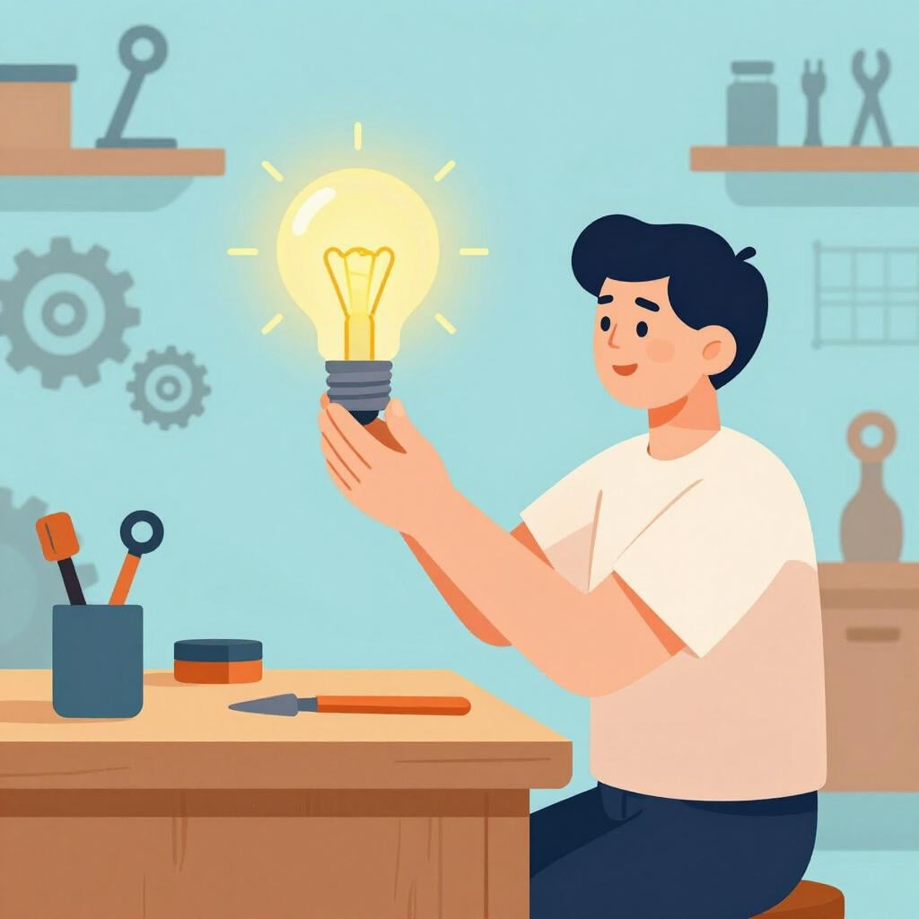 ゴーグルをかけ、作ったばかりの光るユニークな電球を持っている人がワークショップにいる。