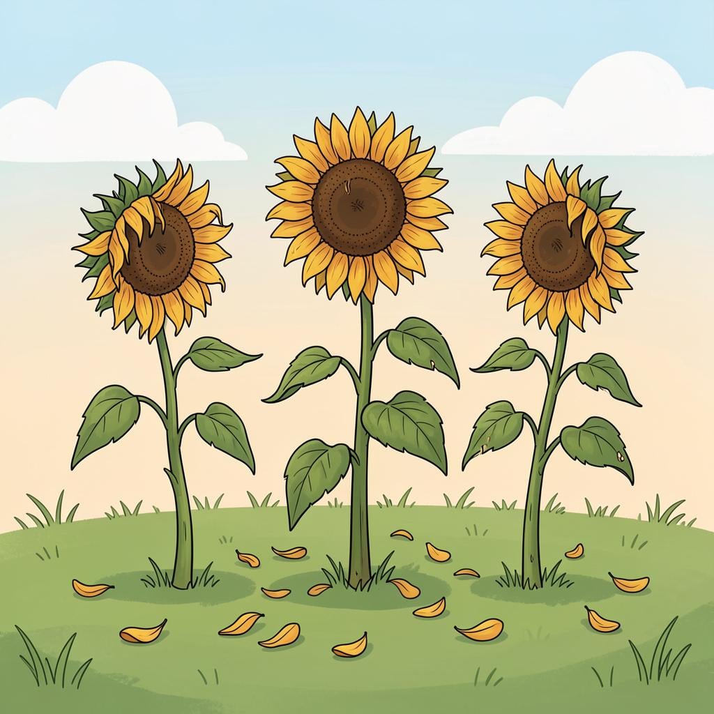 A cluster of wilting sunflowers in a field with petals falling gently to the ground.