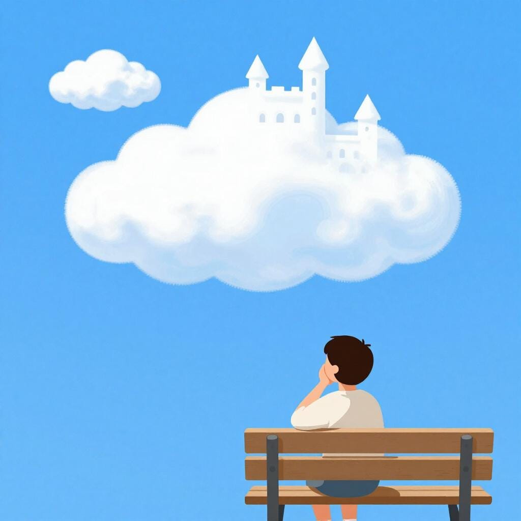 A person sitting on a park bench looking up at fluffy clouds that are shaped like distant mountains.