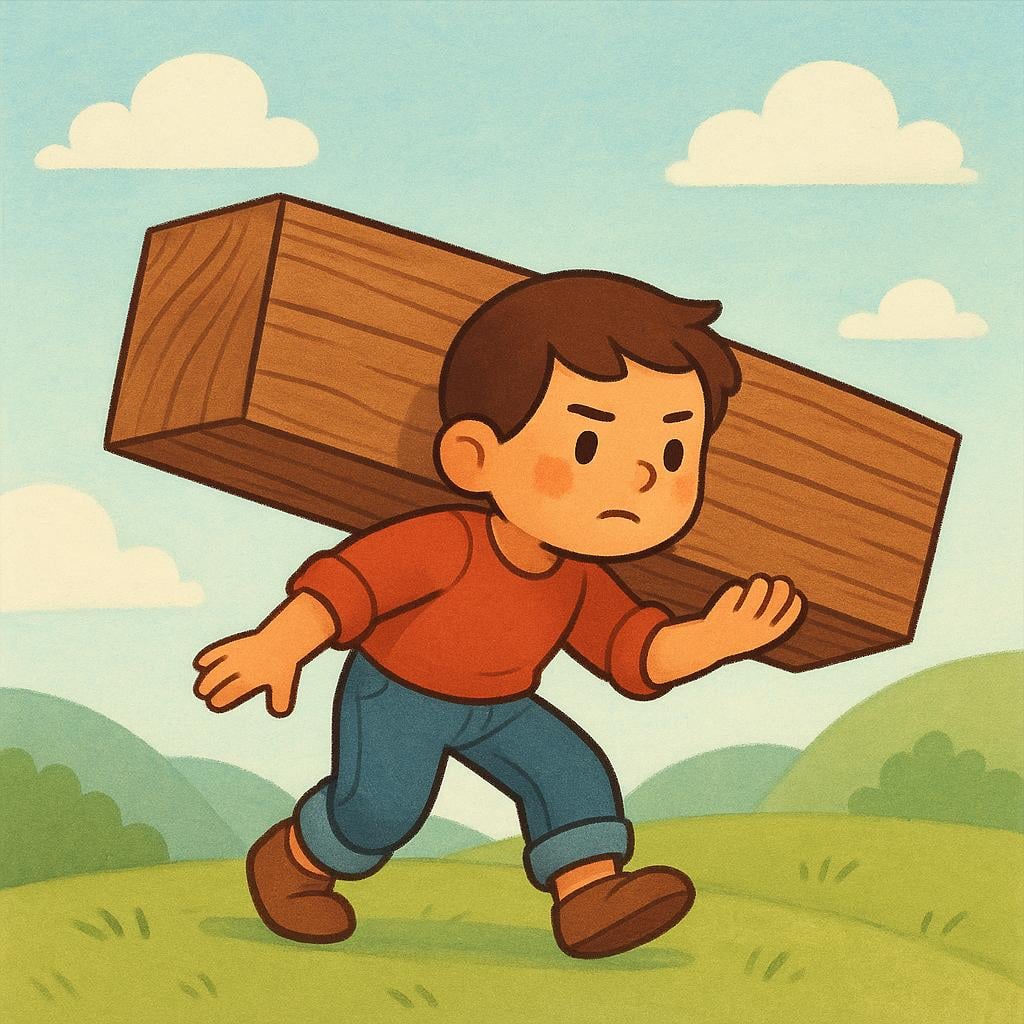 A small, determined person carrying a large, heavy wooden crate on their shoulder, symbolizing responsibility or burden.