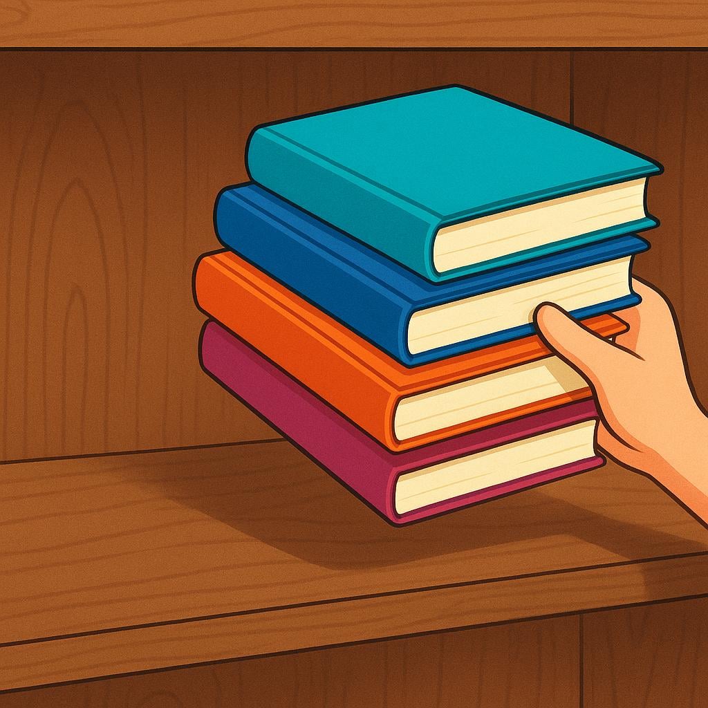 A hand lifting a stack of colorful books off a wooden shelf, creating a large, clear area of empty space.